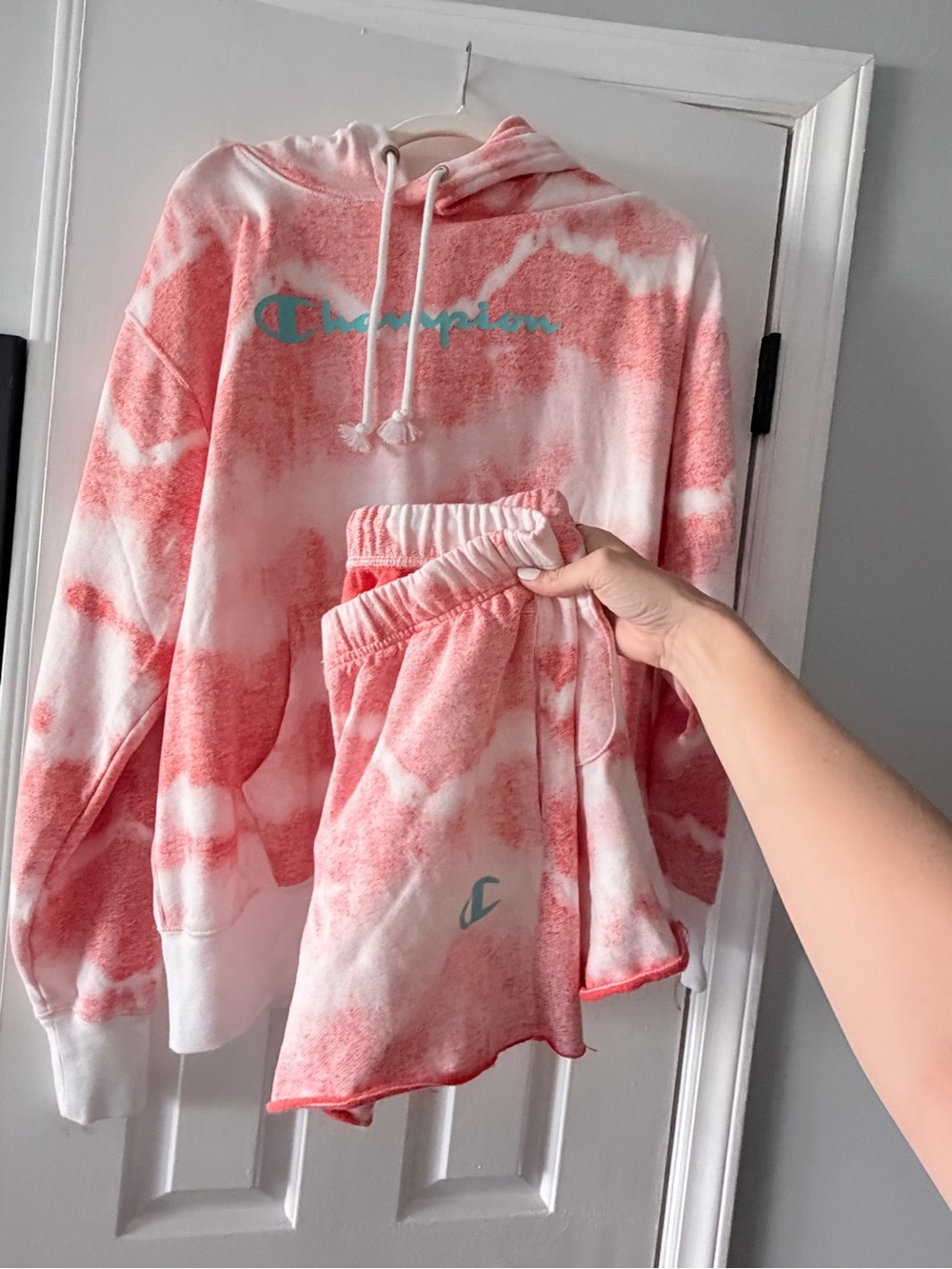 Champion Pink Tie-Dye Hoodie & Shorts Set with Teal Logo